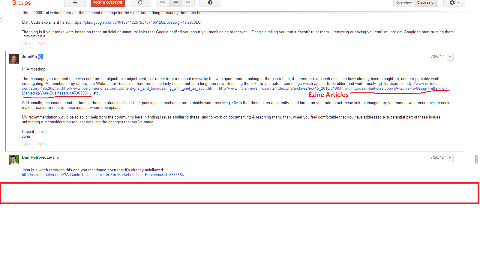 screenshot of Google's John Mueller discussing ezine article links as bad signal for a website.