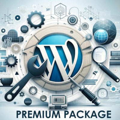 graphic with wordpress logo surrounded by depictions of tools with text 'premium package'