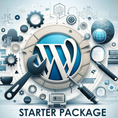 image of wordpress logo surrounded by depition of tools with text 'starter package'