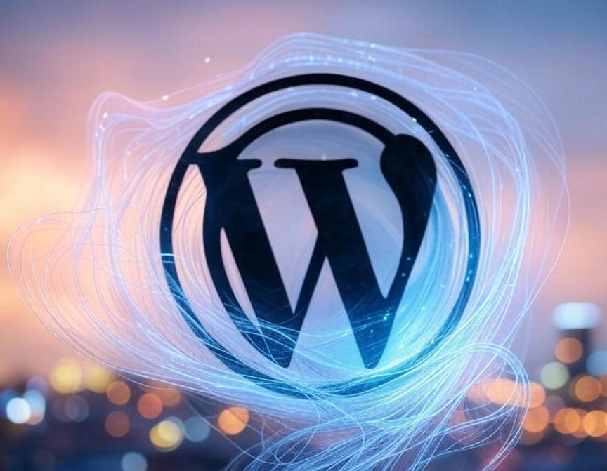wordpress symbol over a stylized bright background