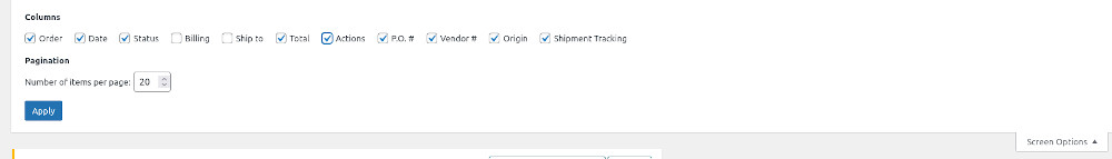 screenshot of woocommerce orders page with screen options showing